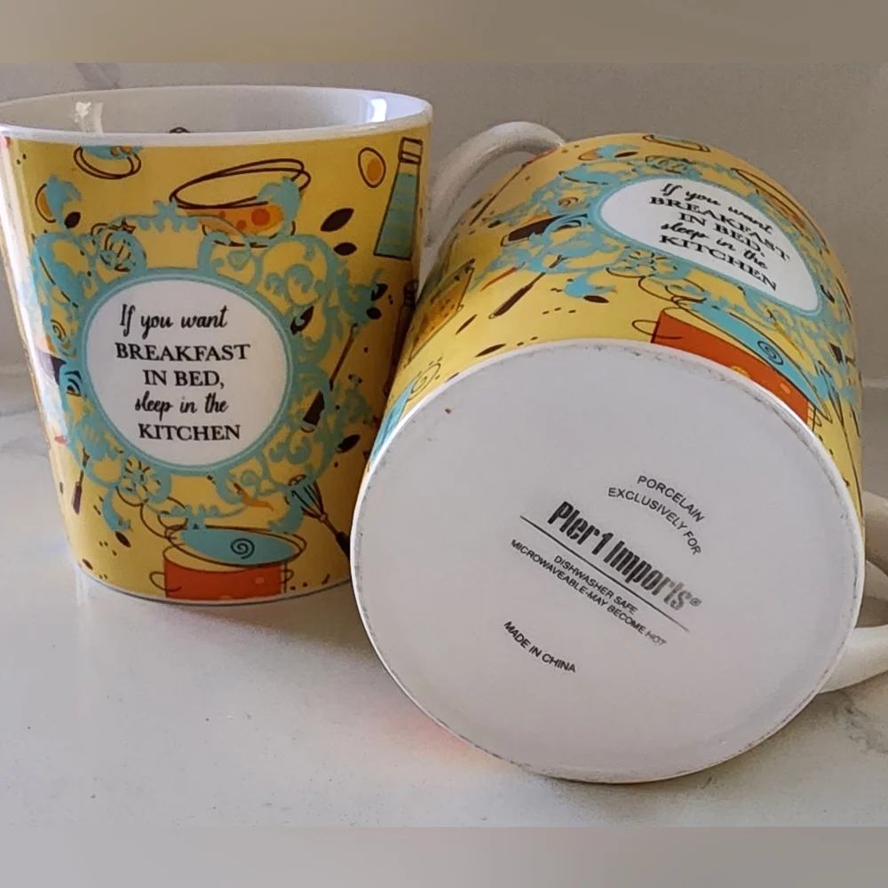 Rare Discontinued Pier 1 Breakfast In Bed Porcelain Mugs Set Of Two‎ 16 Oz